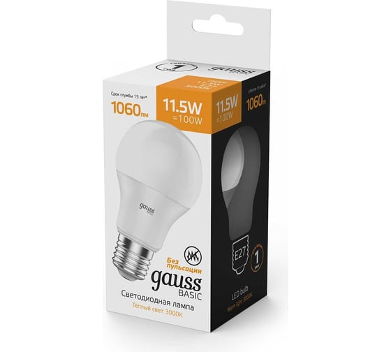 Лампа Gauss basic a60 11,5w 1060lm 3000k e27 LED 1023212