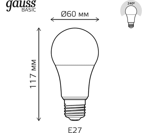 Лампа Gauss basic a60 11,5w 1060lm 3000k e27 LED 1023212