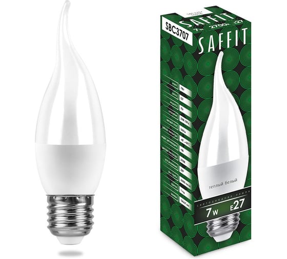 Светодиодная лампа SAFFIT 7W 230V E27 2700K свеча на ветру, SBC3707 55056