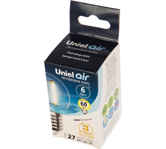 Светодиодная лампа Uniel LED-G45-6W/NW/E27/CL GLA01TR . Форма шар, прозрачная. UL-00002208