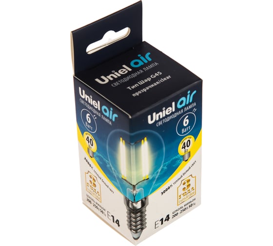 Светодиодная лампа Uniel LED-G45-6W/WW/E14/CL GLA01TR. Форма шар, прозрачная. UL-00002201