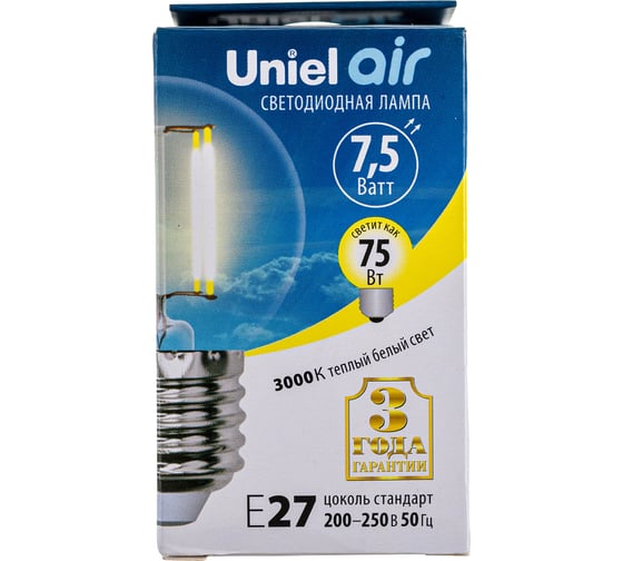 Светодиодная лампа Uniel LED-G45-7,5W/WW/E27/CL GLA01TR. Форма шар, прозрачная. UL-00003252