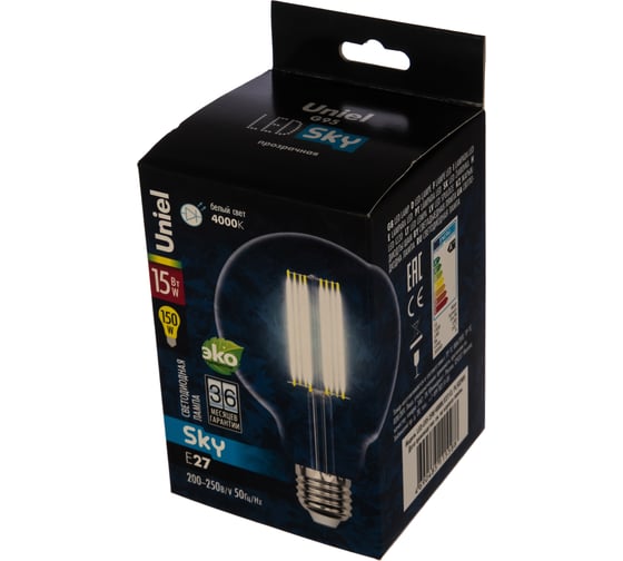 Светодиодная лампа Uniel LED-G95-15W/4000K/E27/CL PLS02WH. Форма шар, прозрачная. UL-00004865