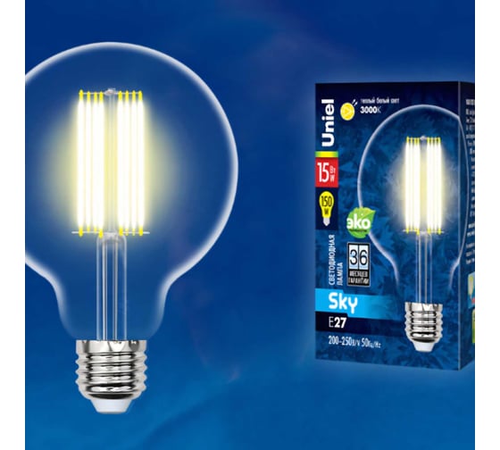 Светодиодная лампа Uniel LED-G95-15W/3000K/E27/CL PLS02WH. Форма шар, прозрачная. UL-00004864