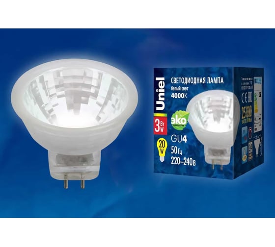 Светодиодная лампа Uniel LED-MR11-3W/NW/GU4/220V GLZ21TR, 220V. Прозрачная. UL-00001703