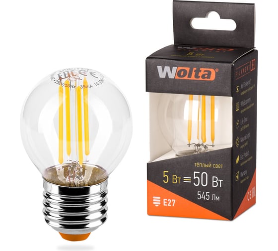 Лампа Wolta ШАР LED FILAMENT, 3000К, 25Y45GLFT5E27