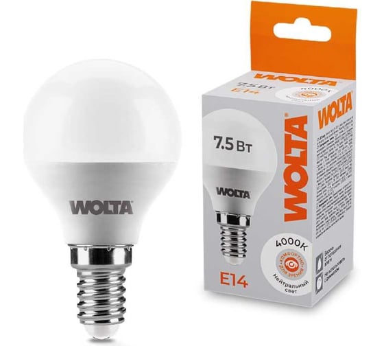 Лампа Wolta ШАР 7.5 Вт LED, 4000K, 25S45GL7.5E14