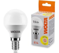 Светодиодная лампа Wolta ШАР LED 7.5Вт, 3000K Теплый свет, цоколь E14, 625 лм 25Y45GL7.5E14