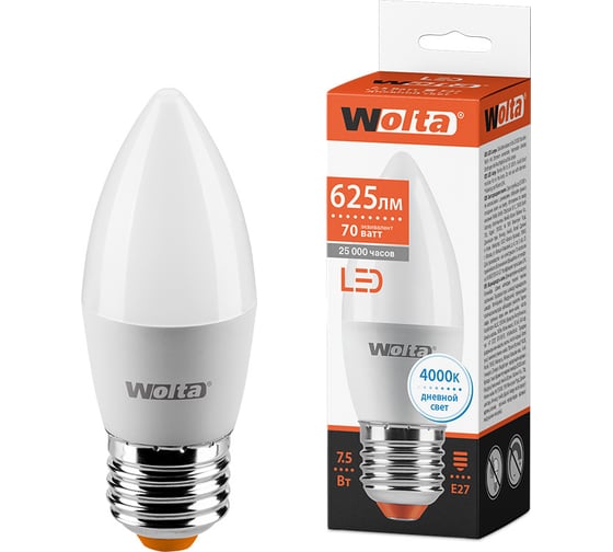 Светодиодная лампа Wolta LED Свеча, 7.5Вт, 4000K Дневной белый свет, C37, E27 25SC7.5E27