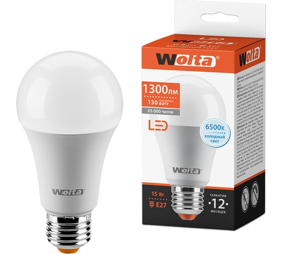 Светодиодная лампа Wolta LED груша, BL, 15Вт, 6500К Холодный белый свет, А60, E27 25W60BL15E27