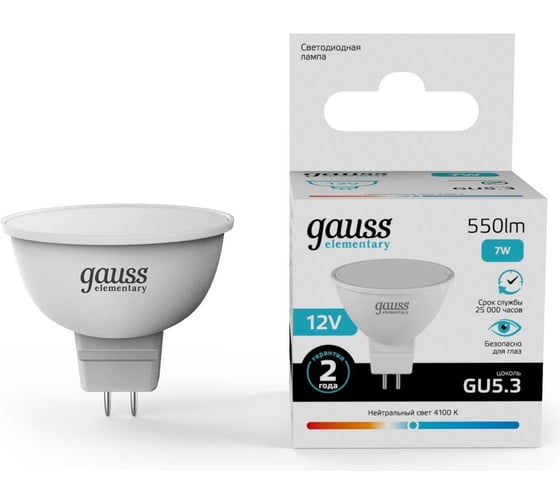 Лампа Gauss Elementary MR16 12V 7W 550lm 4100K GU5.3 LED 1/10/100 11527