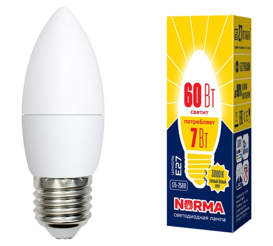Светодиодная лампа Volpe LED-C37-7W/WW/E27/FR/NR. Форма свеча, матовая. UL-00003799