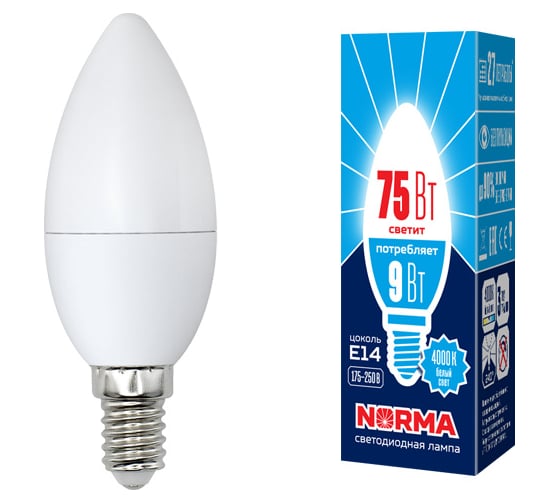 Светодиодная лампа Volpe LED-C37-9W/NW/E14/FR/NR. Форма свеча, матовая. UL-00003803