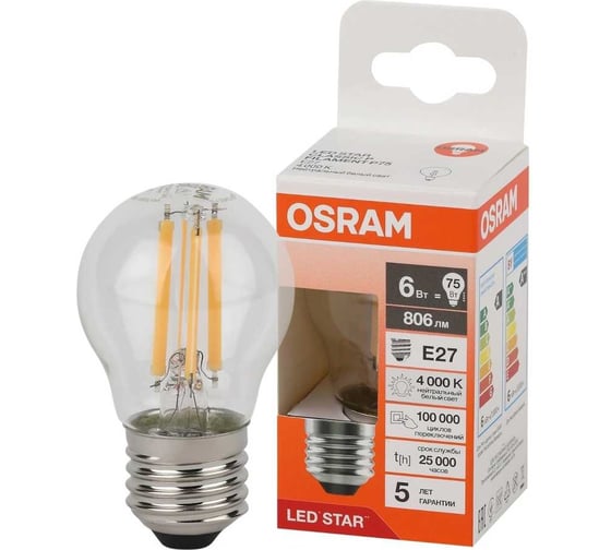 Филаментная светодиодная лампа Osram LS CLP75 6W/840 230V FIL CL E27 10x1 4058075684751