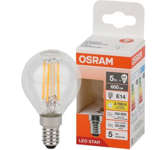 Филаментная светодиодная лампа Osram LS CLP60 5W/827 230V FIL CL E14 10x1 4058075684393