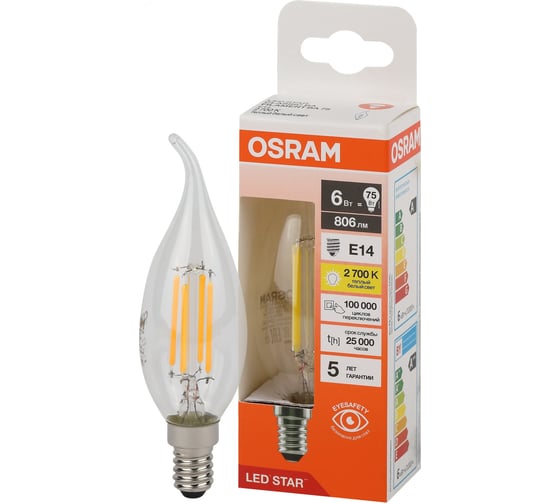 Филаментная светодиодная лампа Osram LS CLBA75 6W/827 230V FIL CL E14 10x1 4058075684997