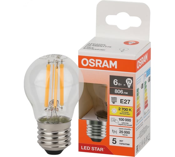 Филаментная светодиодная лампа Osram LS CLP75 6W/827 230V FIL CL E27 10x1 4058075684720
