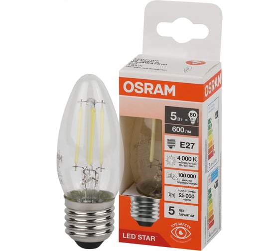 Филаментная светодиодная лампа Osram LS CLB60 5W/840 230V FIL CL E27 10x1 4058075684904