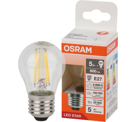 Филаментная светодиодная лампа Osram LS CLP60 5W/840 230VFIL CL E27 10x1 4058075684690