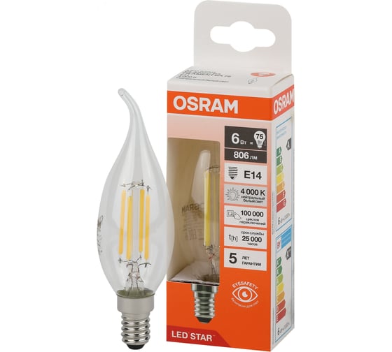Филаментная светодиодная лампа Osram LS CLBA75 6W/840 230V FIL CL E14 10x1 4058075685024