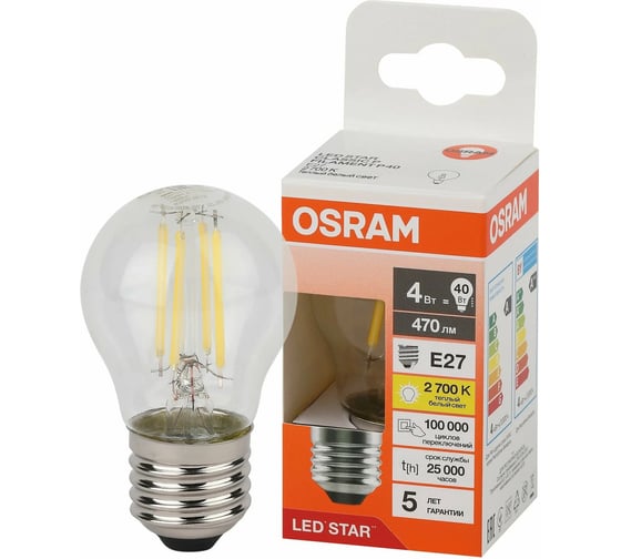 Филаментная светодиодная лампа Osram LS CLP40 4W/827 230V FIL CL E27 10x1 4058075684607 1