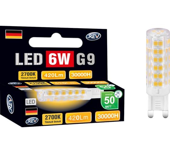 Светодиодная лампа REV JCD G9 6W, 2700К 32383 9