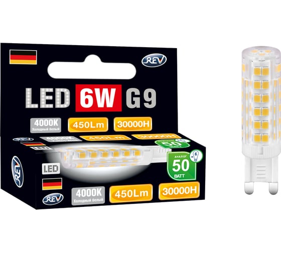 Светодиодная лампа REV JCD G9 6W, 4000К 32384 6