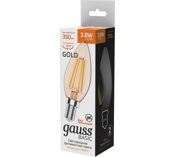 Лампа Gauss basic filament свеча 3,8w 350lm 2400к е14 golden led 1/10/50 1037154