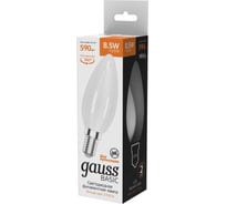 Лампа Gauss basic filament свеча 8,5w 590lm 2700к е14 milky LED 1035119