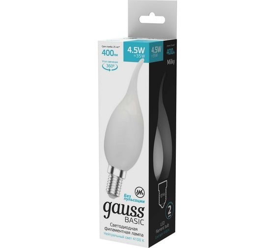 Лампа Gauss basic filament свеча на ветру 4,5w 400lm 4100к е14 milky LED 1045125 1
