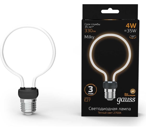 Лампа Gauss filament artline g95 4w 330lm 2700к е27 milky led 1/10/100 1002802104