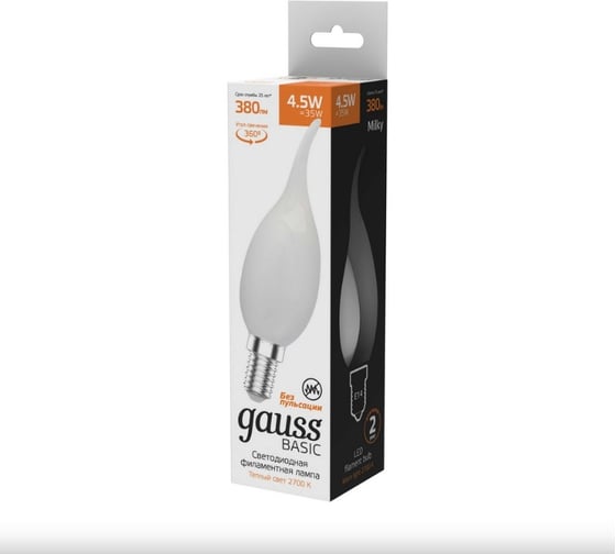Лампа Gauss basic filament свеча на ветру 4,5w 380lm 2700к е14 milky led 1/10/50 1045115