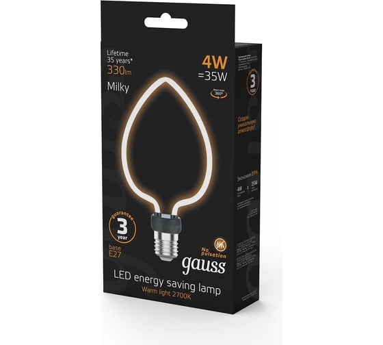 Лампа Gauss filament artline heart 4w 330lm 2700к е27 milky led 1/10/100 1003802104