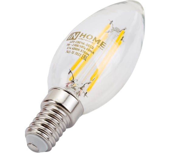 Светодиодная лампа IN HOME LED-СВЕЧА-deco 7Вт 230В Е14 4000К 630Лм прозрачная 4690612007618