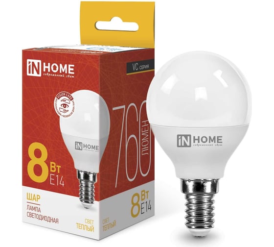 Светодиодная лампа IN HOME LED-ШАР-VC 8Вт 230В Е14 3000К 760Лм 4690612020549