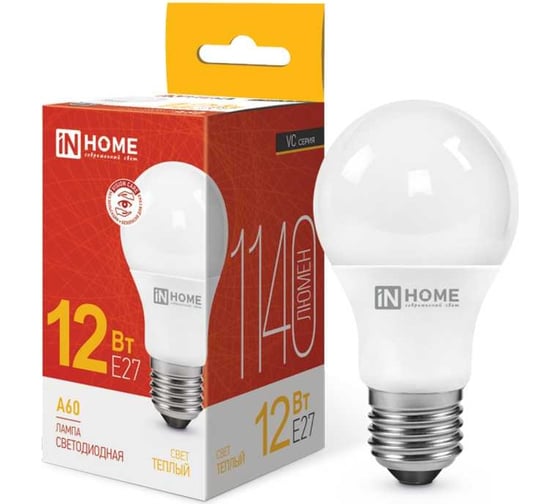Светодиодная лампа IN HOME LED-A60-VC 12Вт 230В Е27 3000К 1140Лм 4690612020235 1