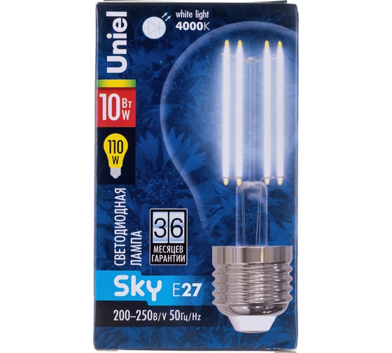 Светодиодная лампа Uniel Форма A, прозрачная Sky LED-A60-10W/NW/E27/CL UL-00002626