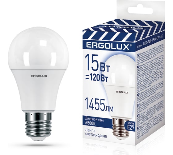 Светодиодная лампа Ergolux Led-a60-15w-e27-6k лон 15вт е27 6500к 220-240в, промо 14784 1