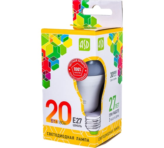 Светодиодная лампа ASD LED-A60-std 20Вт 230В Е27 3000К 1800Лм 4690612004198
