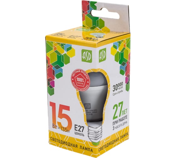 Лампа ASD сд LED-A60-std 15Вт 230В Е27 3000К 1350Лм 4690612002088