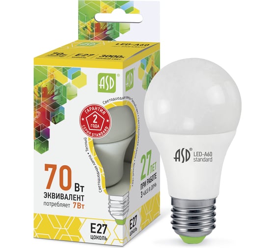 Лампа ASD сд LED-A60-std 7Вт 230В Е27 3000К 630Лм 4690612001692