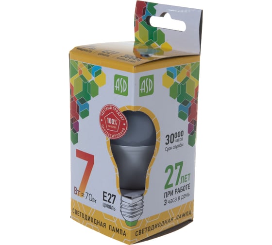 Лампа ASD сд LED-A60-std 7Вт 230В Е27 3000К 630Лм 4690612001692