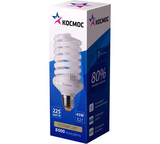 Люминесцентная компактная лампа КОСМОС SPC 45Вт E27 спиральная 2700К Т3 334890 LKsmT3SPC45wE2727 1