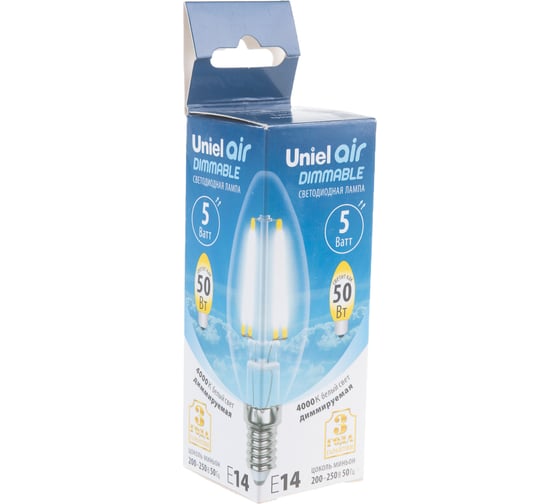 Диммируемая светодиодная лампа Uniel Форма свеча Серия Air LED-C35-5W/NW/E14/CL/DIM GLA01TR UL-00002862