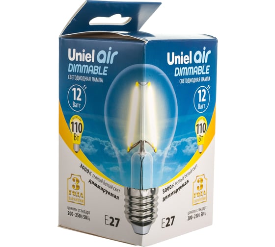 Диммируемая светодиодная лампа Uniel Форма А Серия Air LED-A60-12W/3000K/E27/CL/DIM UL-00005183