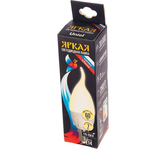 Светодиодная лампа Uniel Форма свеча на ветру Серия ЯРКАЯ LED-CW37 7W/WW/E14/FR PLP01WH UL-00002416