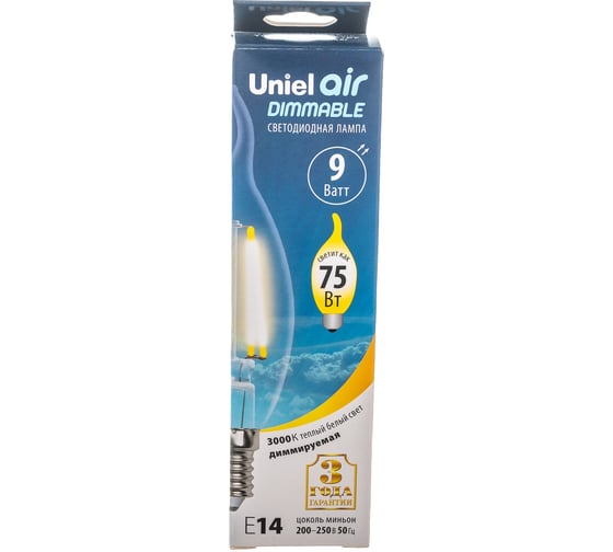Диммируемая светодиодная лампа Uniel свеча на ветру Серия Air LED-CW35-9W/3000K/E14/CL/DIM UL-00005189