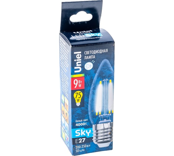 Светодиодная лампа Uniel Форма свеча Серия Sky LED-C35-9W/4000K/E27/CL PLS02WH UL-00005163