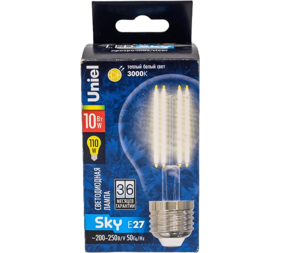 Светодиодная лампа Uniel PLS02WH Форма A, прозрачная. Серия Sky LED-A60-10W/WW/E27/CL UL-00002625