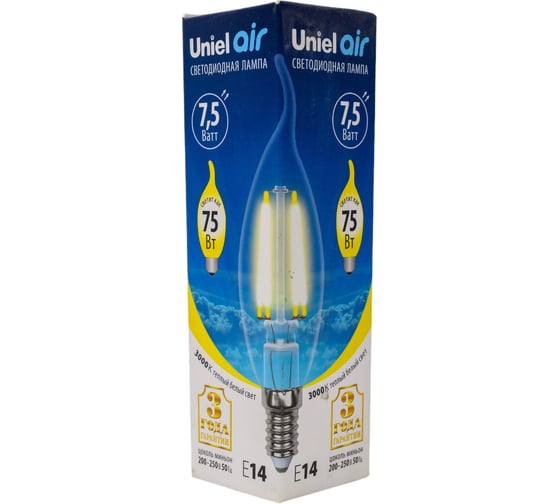 Светодиодная лампа Uniel. Форма свеча на ветру Серия Air LED-CW35-7,5W/WW/E14/CL GLA01TR UL-00003248